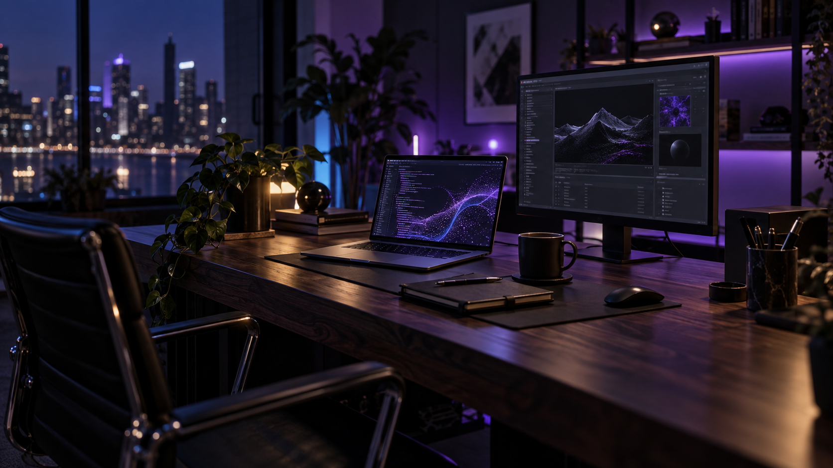 A quiet studio workspace at night